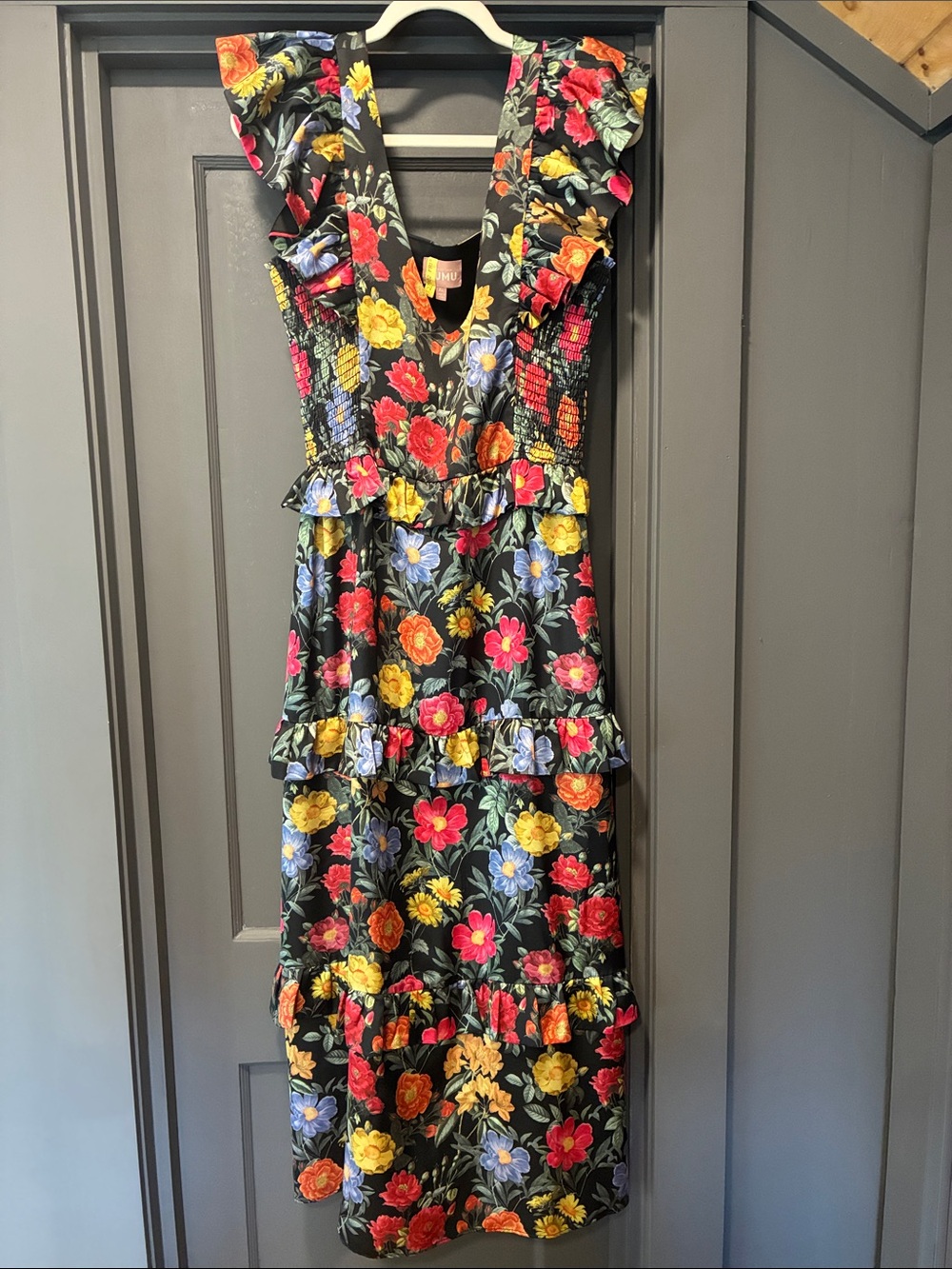 Floral Ruffle Women’s Dress - Black with Multicolor Flowers